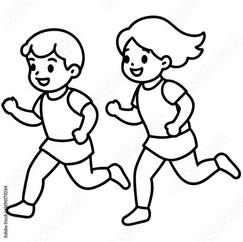 Children racing in a park black and white line art illustration