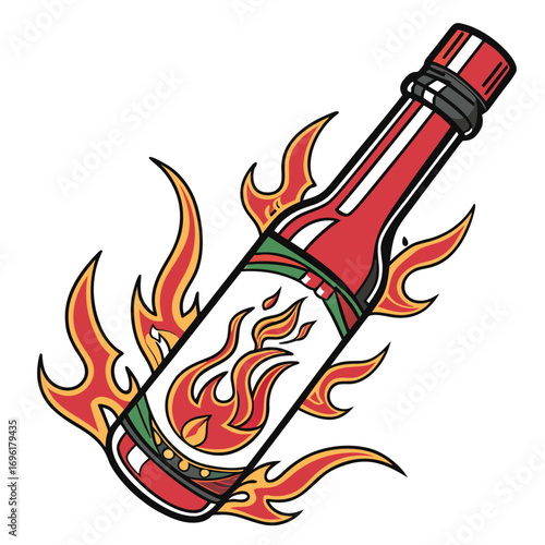Dynamic vector illustration of a fiery hot sauce bottle perfect for branding and culinary themes