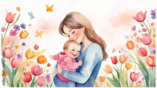 Tender mother embracing baby amidst blooming spring tulips butterflies gentle childhood moment