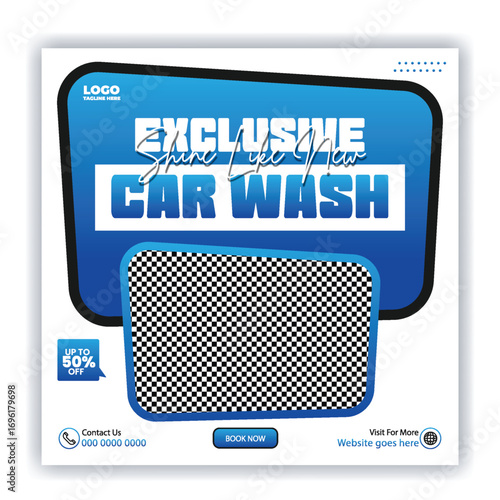 Exclusive car wash service with a man washing a car and promotional text