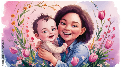 Joyful mother hugging baby surrounded by flowers and springtime blooms
