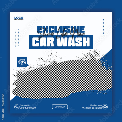 Dynamic blue sports car undergoing an exclusive car wash with water splashes and discount offer