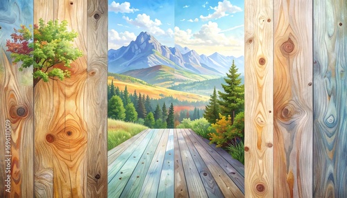 Colorful wooden panels framing a mountain landscape