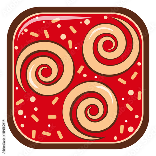 Square chocolate cookies with berry jam and caramel curls. Homemade festive cookies decorated with sugar sprinkles. Vector isolated dessert drawing. Shop, cafe, foot bloggers design