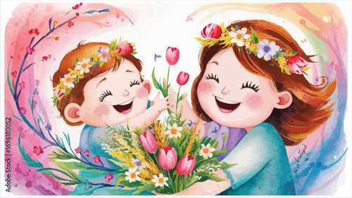 Two happy children sharing a bouquet of tulips and flowers in a whimsical spring scene