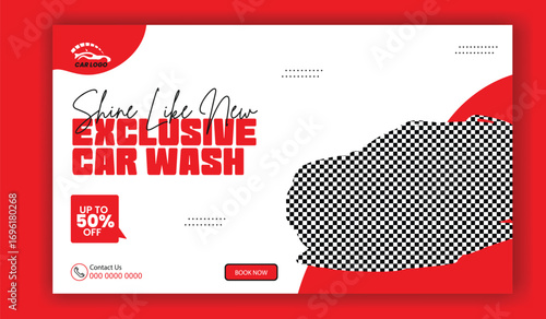 Exclusive car wash advertisement with a vibrant yellow car and water splashes on a red and white background