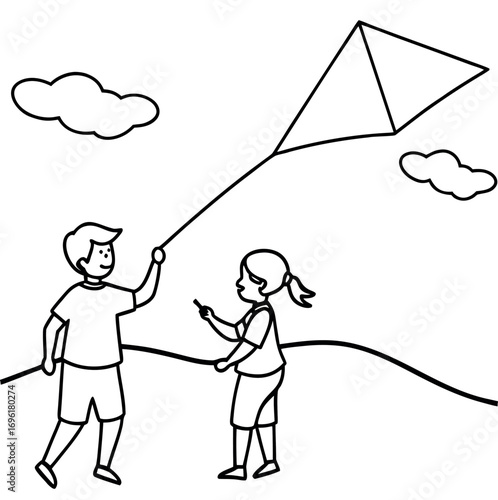 Two children joyfully flying a kite in a vast open field under a bright sky