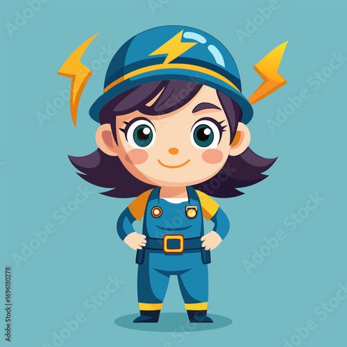 Adorable Cartoon Girl Electrician.  A Happy and Energetic Child in Uniform