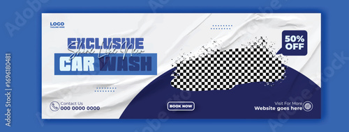 Modern car wash advertisement featuring a sleek blue sports car with water splashing and promotional text