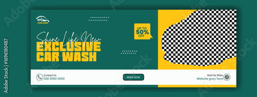 Exclusive car wash service advertisement with a sparkling clean luxury vehicle and promotional offer