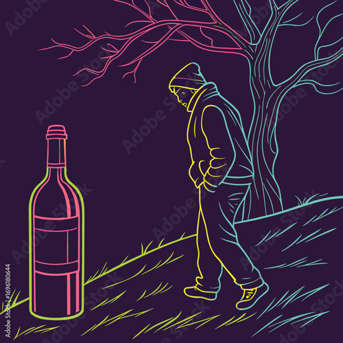 Abstract neon glowing silhouette of a wine bottle with vibrant colorful light effects and a modern design