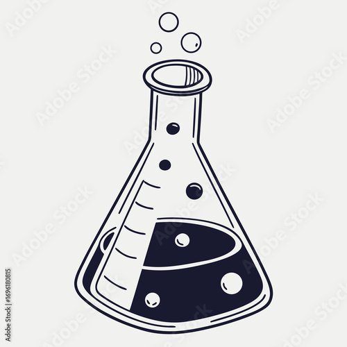 Minimalist flat design illustration of a scientific laboratory flask with liquid inside