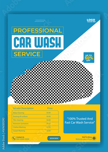 Professional blue car wash service with sparkling water splashes and detailed pricing information