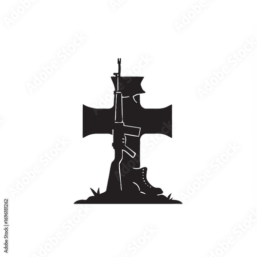 Military Memorial Silhouette with Cross, Rifle, and Boots - Remembrance Concept