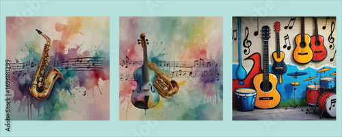Artistic triptych collection featuring guitars in vibrant abstract and realistic styles