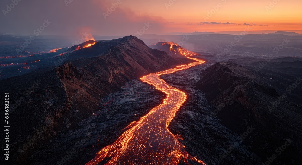 Obraz premium Aerial view of a flowing lava river at sunset