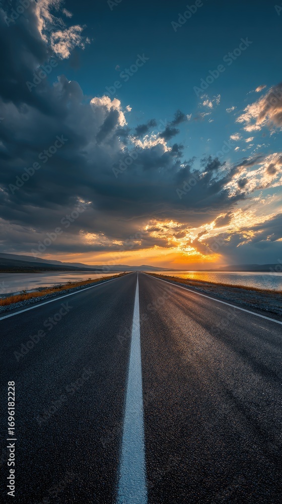 Fototapeta premium Asphalt road leading to a sunset over a lake