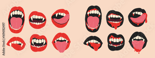 Hand drawn cartoon set of Halloween with vampire open mouth, fangs, tongue. Female red and black lips with long pointed canine teeth and blood. Vintage design for decoration, card, print, invitation