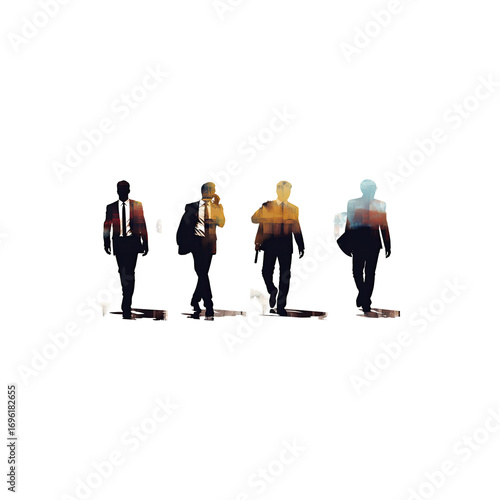  Set of business man walking forward glitch effect silhouette modern corporate character digital distortion illustration isolated on white background