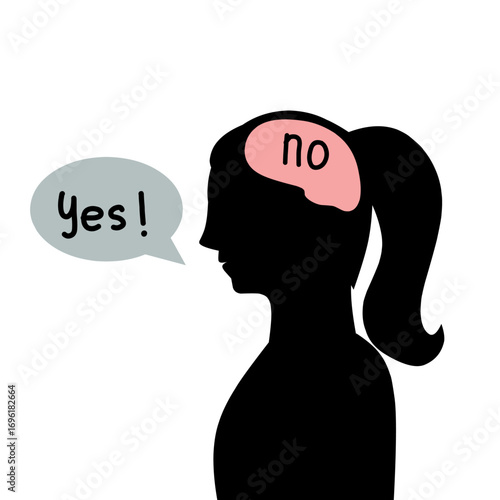 Illustration of a person’s head silhouette showing “yes” outside but “no” inside, symbolizing people pleaser behavior, inner conflict, and mental health concept.