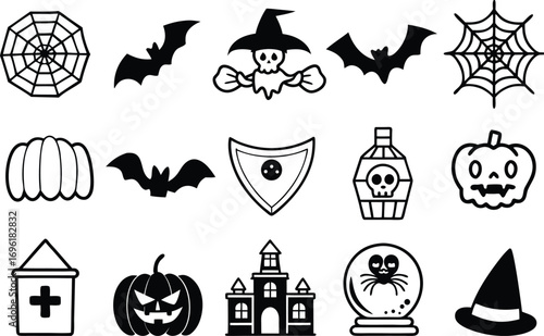 Collection of Halloween icons set silhouette vector art illustration.