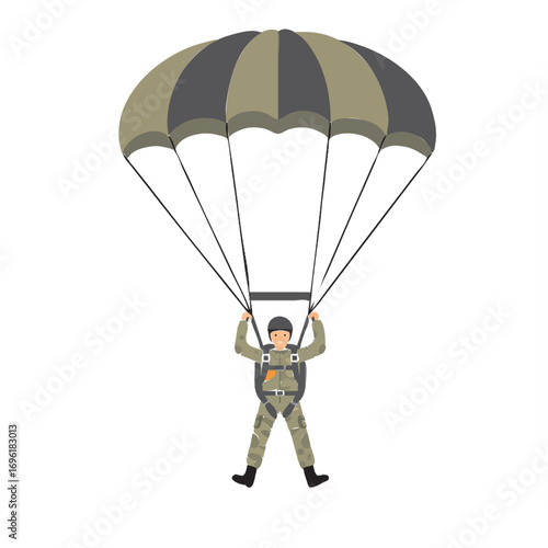 Parachutist in Green Uniform with Parachute Illustration on White Background