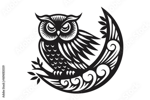Decorative owl perched on ornate branch vector, white background artistic