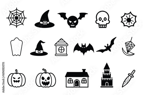 Collection of Halloween icons set silhouette vector art illustration.