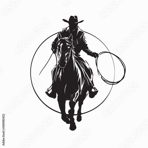 Cowboy Lasso Horse Front View Silhouette Vector Illustration on white background