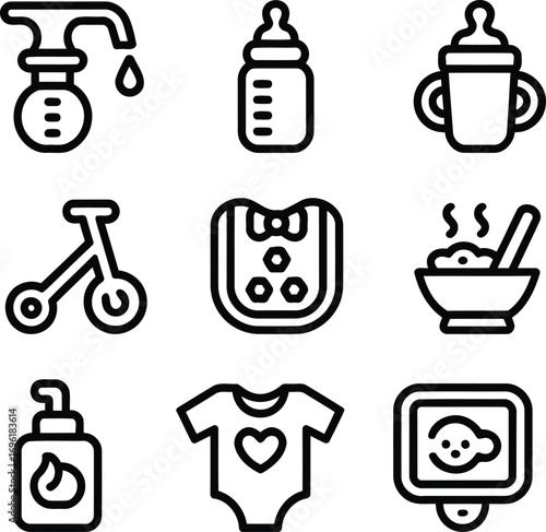 A Compilation of Baby Related Icons Featuring a Bottle with a Nipple Baby Food and a Bib and Lotion and Baby Monitor