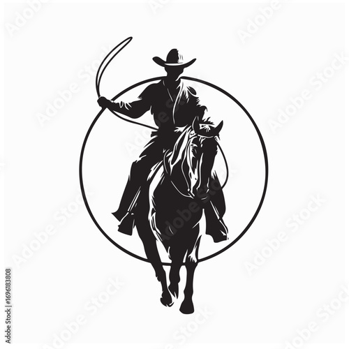 Cowboy Lasso Horse Front View Silhouette Vector Illustration on white background