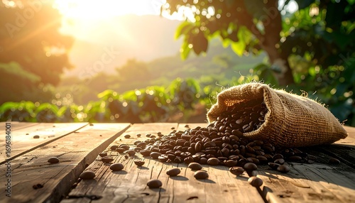 Sun-drenched scene showcases a rustic wooden table with a burlap sack spilling roasted coffee beans. The background features lush green foliage and a bright, out-of-focus mountain range. 