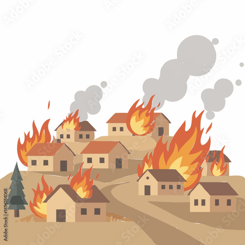 Burning Village Illustration: Wildfire Destruction and Environmental Disaster Concept