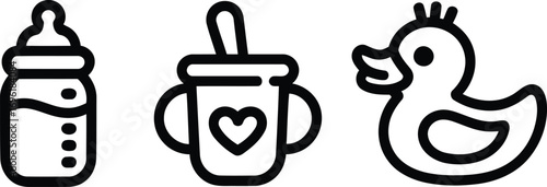 Simple Outlined Baby Icons Featuring a Milk Bottle, Sippy Cup with Heart, and a Rubber Duck Toy Illustration