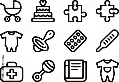 A Collection of Baby and Infant Related Icons Representing Toys, Healthcare, Clothing, Celebrations, and Transportation in a Playful and Symbolic Manner