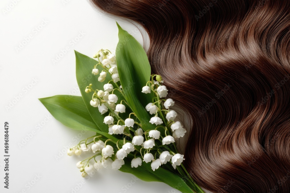 Naklejka premium Luxurious brown hair and lily of the valley