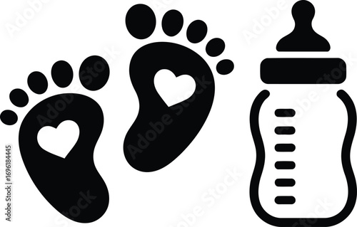 Adorable Baby Imagery featuring Tiny Footprints with Heart Accents and a Classic Baby Bottle Illustration of Newborns with Love
