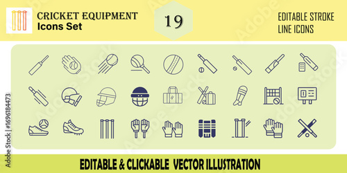 Cricket equipment symbol set line art graphics for sports and game design. Editable Stroke. Set of thin line icon symbol collection group