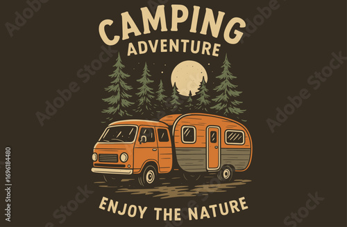 Camping Van Illustration. Let's Explore Adventure Poster. Retro Camper and Mountain Graphic. Vintage Travel Artwork.