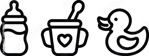 Charming Baby Icons Featuring a Baby Bottle a Sippy Cup and a Rubber Duck Representing Infancy Care and Playtime Joy