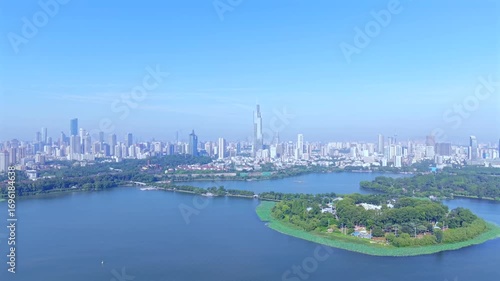 aerial view of Nanjing City downtown by the Xuanwu Lake, China