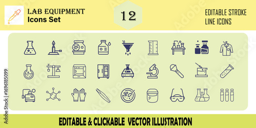 Comprehensive lab equipment symbol set for scientific research and analysis needs. Editable Stroke. Set of thin line icon symbol collection group