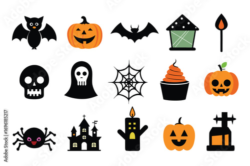 Collection of Halloween icons set silhouette vector art illustration.