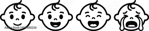 Four Stages of Baby's Emotional Development Smiling Giggling Laughing and Finally Crying Represented in Simple Black and White Clipart Vector Graphics Set