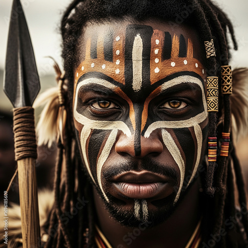 African Warrior with tribal face paint and dreadlocks holding a weapon