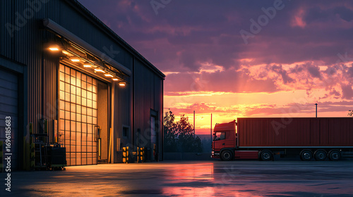 The truck is parked on the loading dock of an industrial warehouse at sunset, symbolizing logistics and transportation