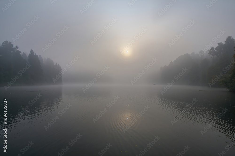 Fototapeta premium A Foggy Dawn Over a Shadowy Lake