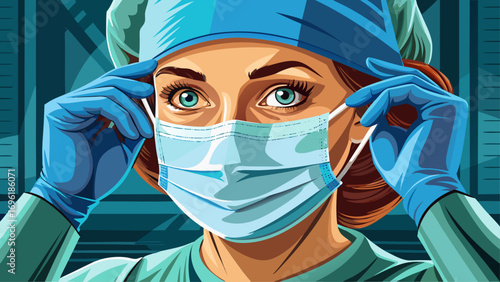 Close-up portrait of female surgeon adjusting mask before operation. Isolated background conveys discipline, confidence, and skill.
