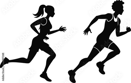 Running man and woman silhouettes vector set illustration. Male and female runners figure shapes.