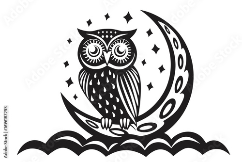 Detailed Owl Perched on Crescent Moon with Starry Night